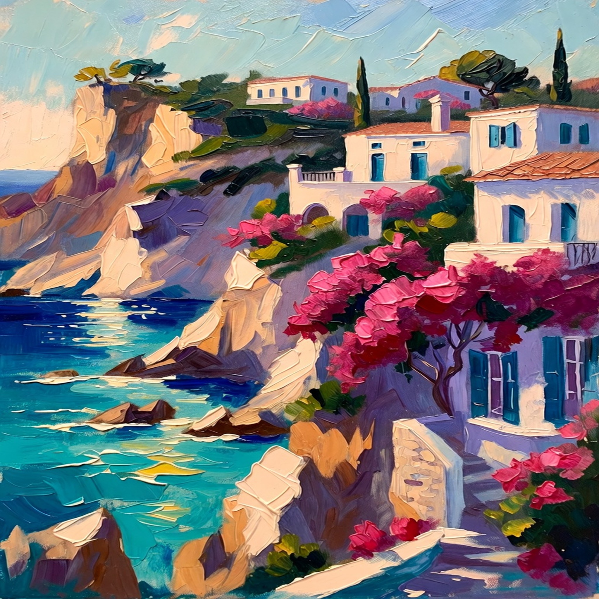 Obra costeira mediterrânea com mar azul e flores rosadas